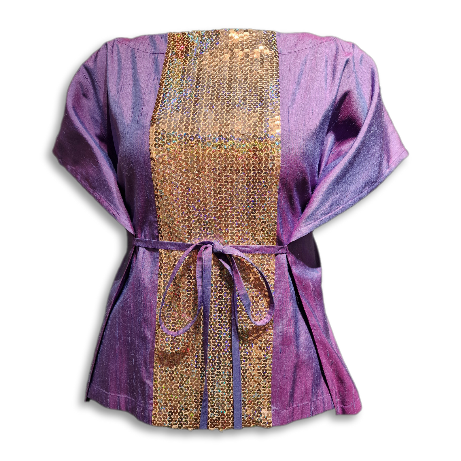 Takeshi Oberteil Sequin's in Violett mit holografischer Paillettenbahn vorne, Ansichten vorne, hinten und seitlich.