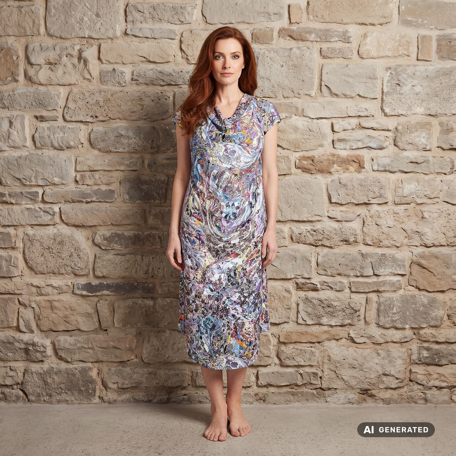 Wasserfallkleid "Art" Unikat, an einer Frau getragen, vor einer Steinwand