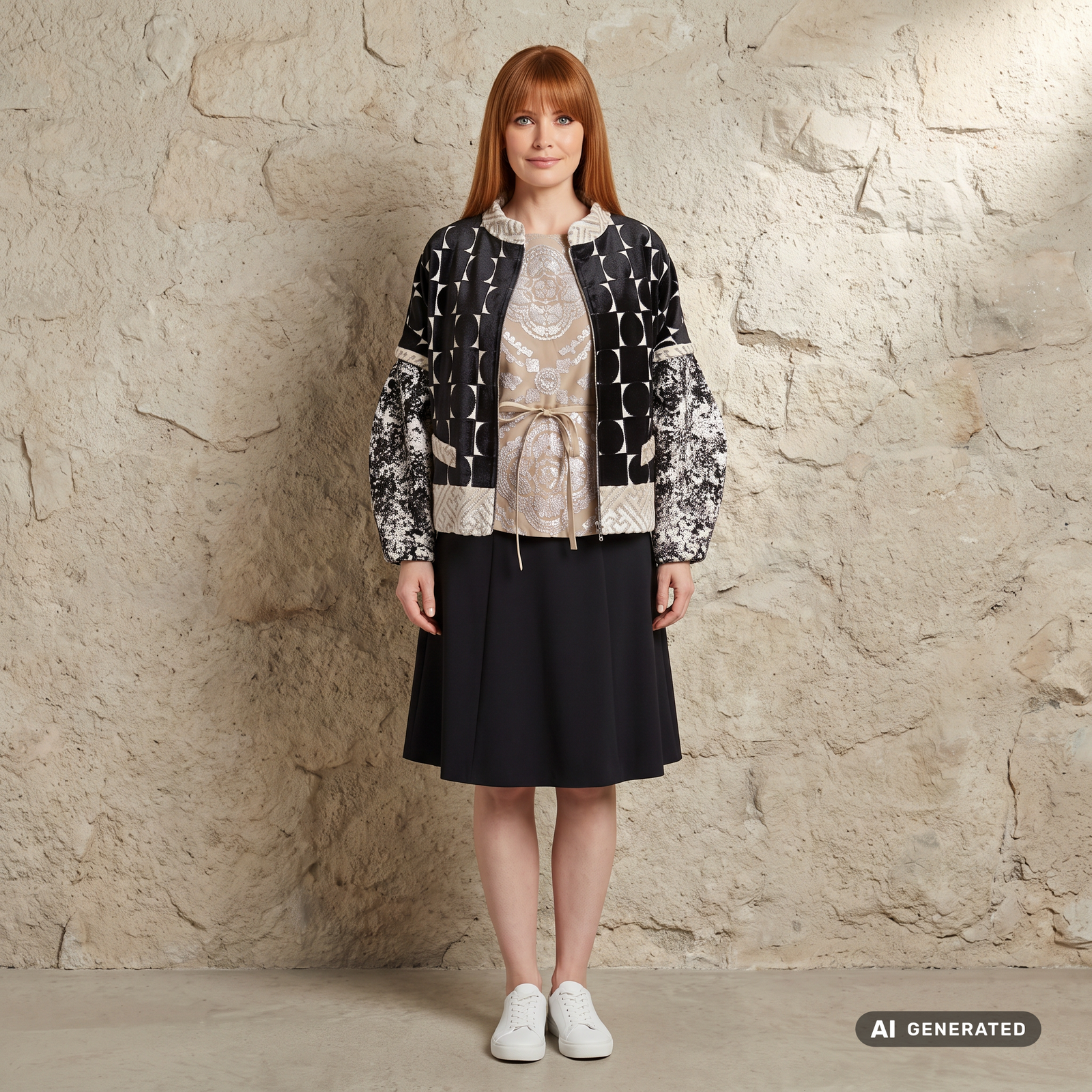 Jacke "Tereñes" Unikat, schwarz, beige, grau, off white, an einer Frau getragen, vor einer Steinwand