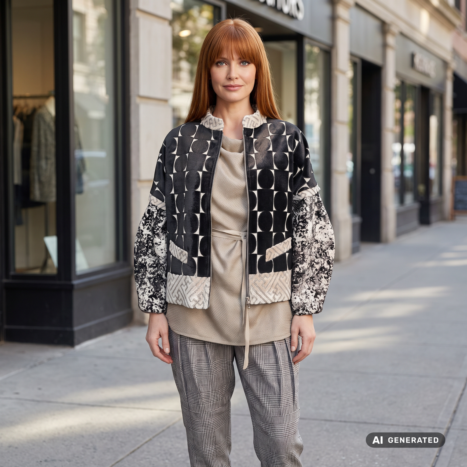 Jacke "Tereñes" Unikat, schwarz, beige, grau, off white, an einer Frau getragen, frontal auf der Straße