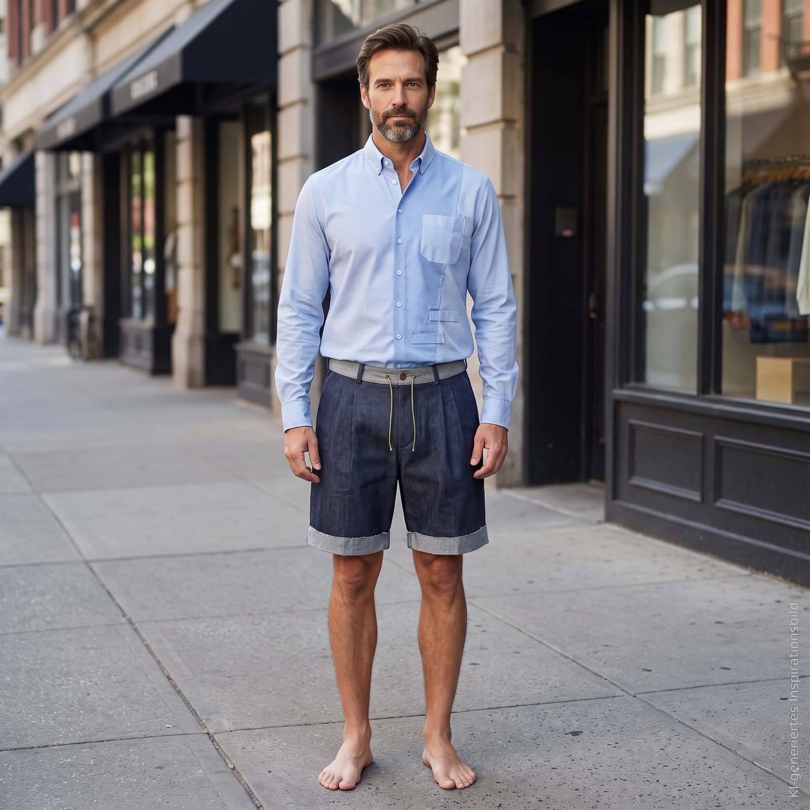 Shorts "Walkyman" Dark Blue Denim, an einem Mann getragen, frontal auf der Straße
