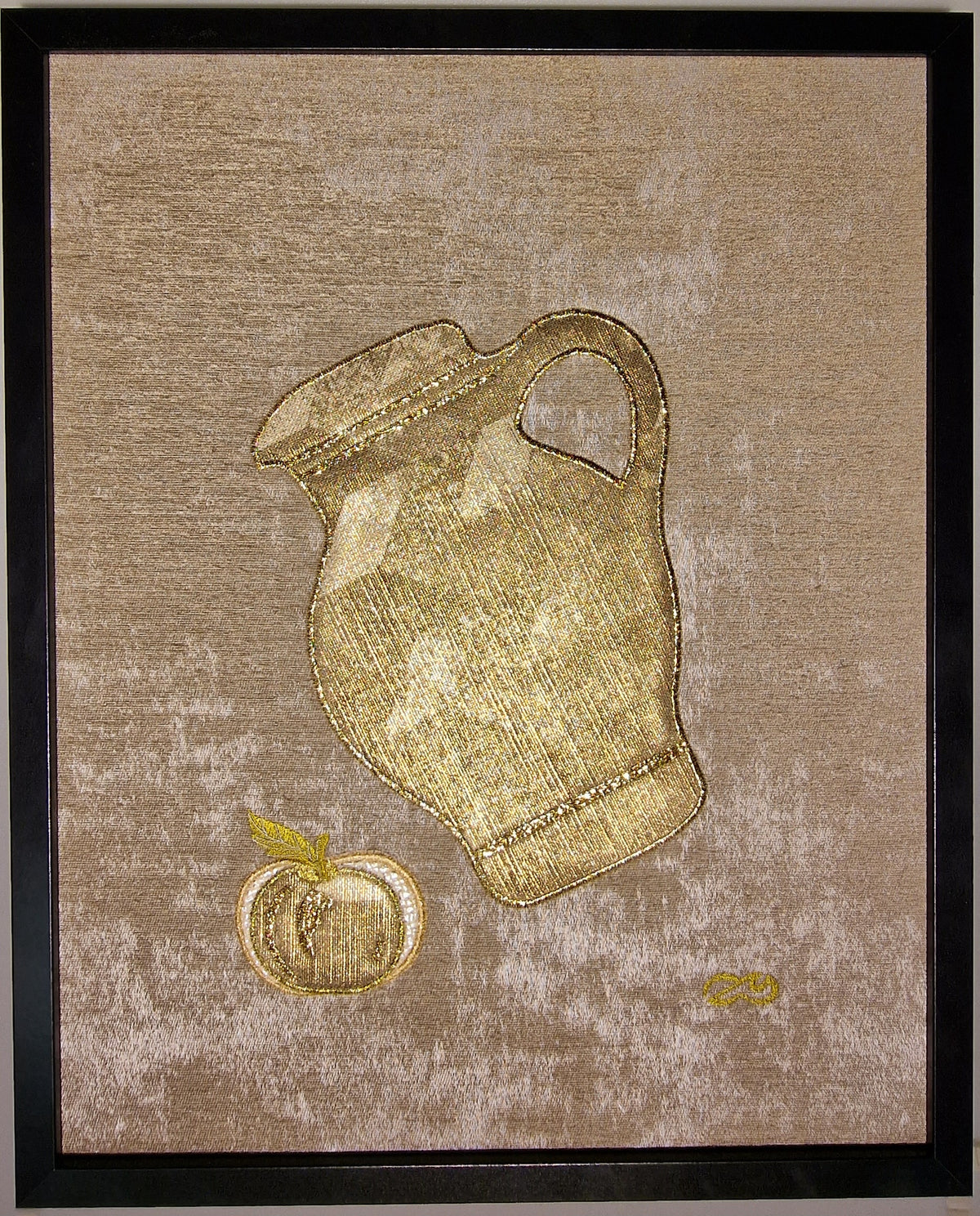 Gestickte Bembelkunst "Goldparmäneparfait" 40 x 50 cm Unikat