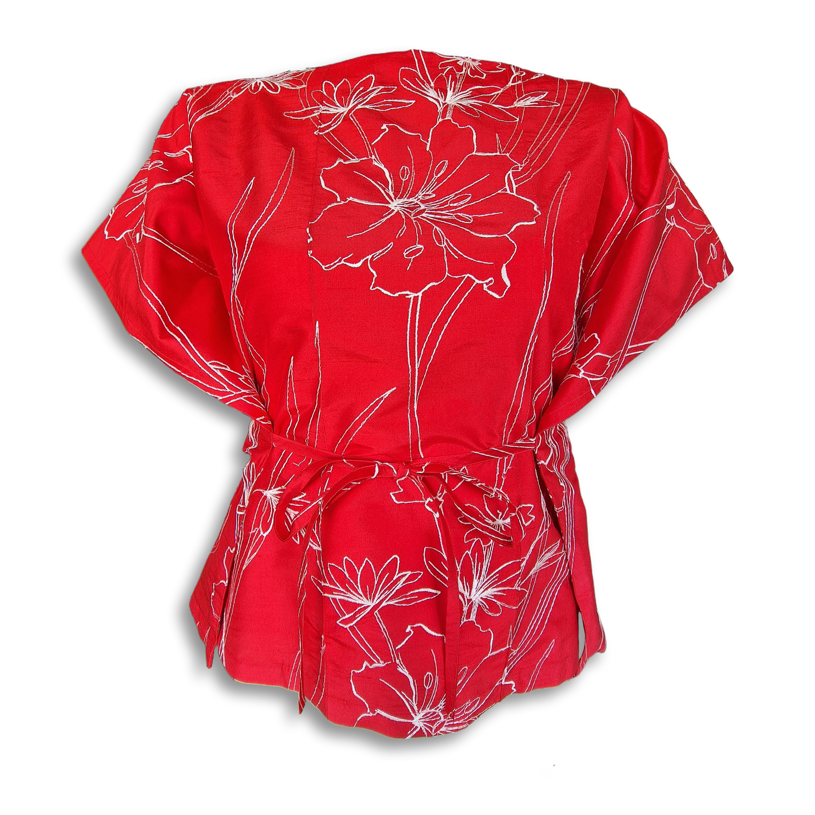 Takeshi Oberteil Red in Rot mit weiß gesticktem floralem Linienmuster, Wickelteil mit Bindeband.