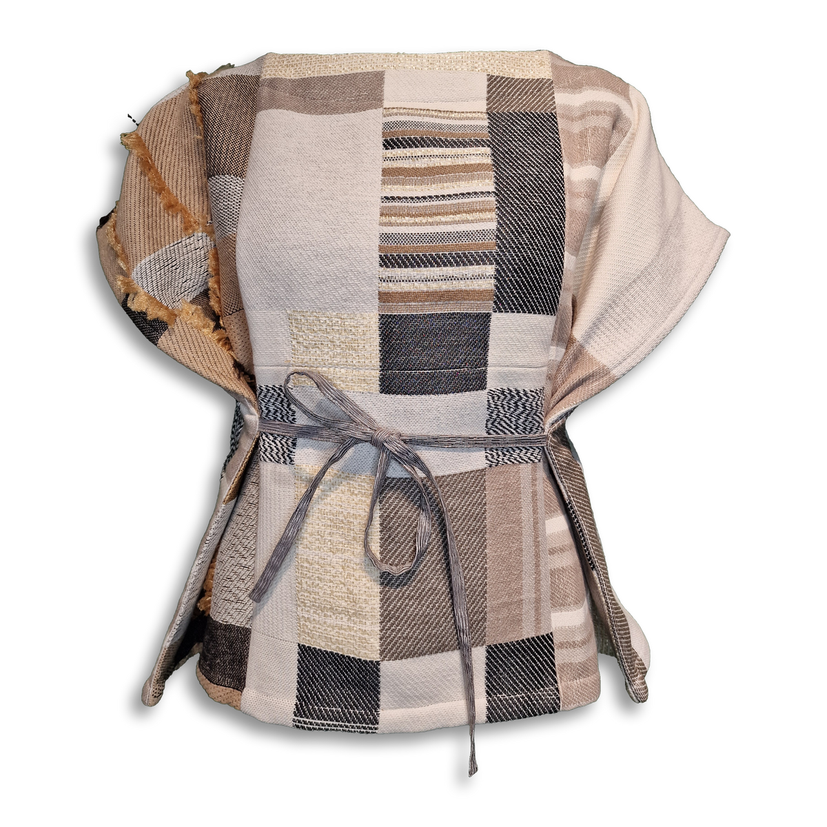 Takeshi Oberteil Atelier mit Patchworkkaro in Creme, Taupe und Anthrazit, Wickelteil mit Bindeband.