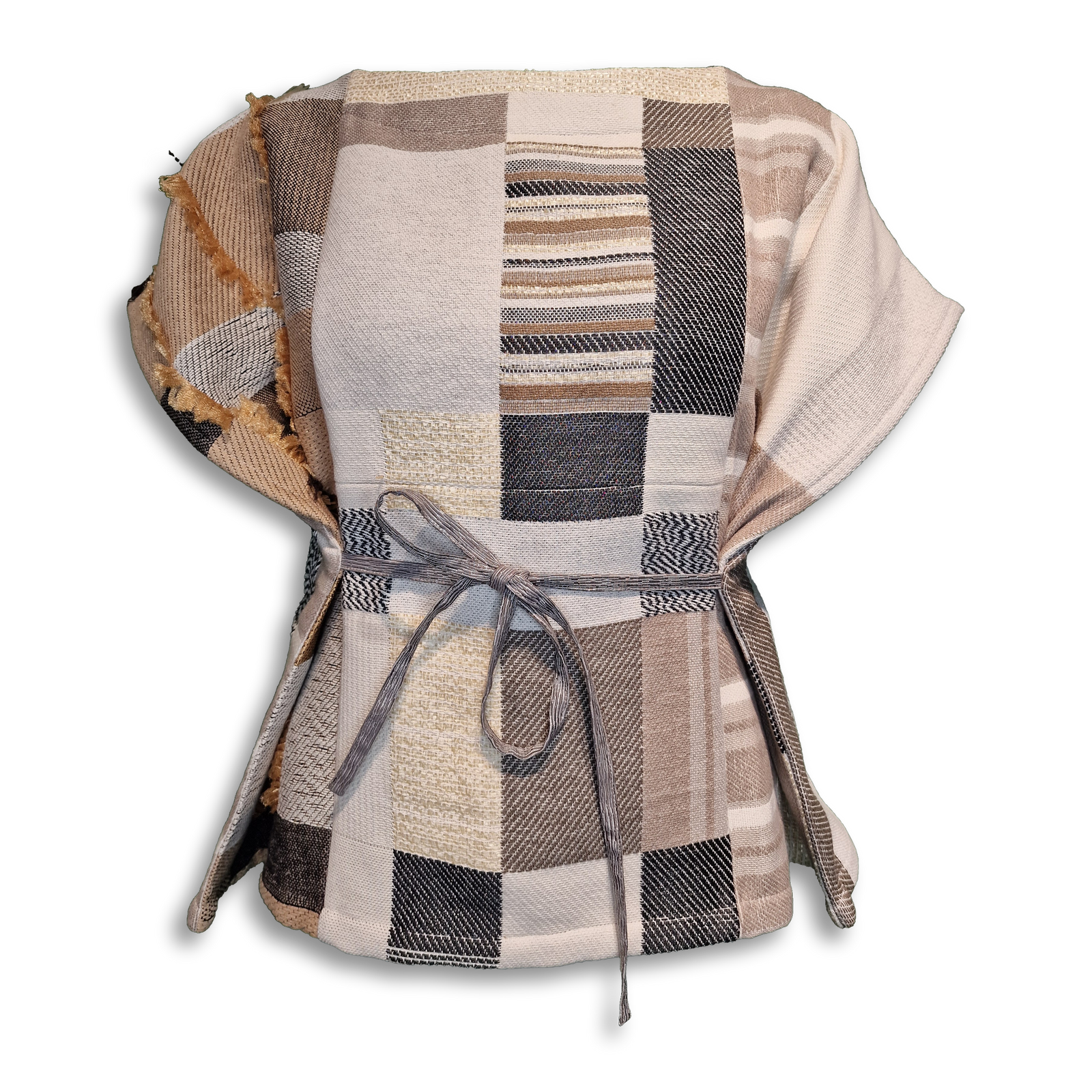 Takeshi Oberteil Atelier mit Patchworkkaro in Creme, Taupe und Anthrazit, Wickelteil mit Bindeband.