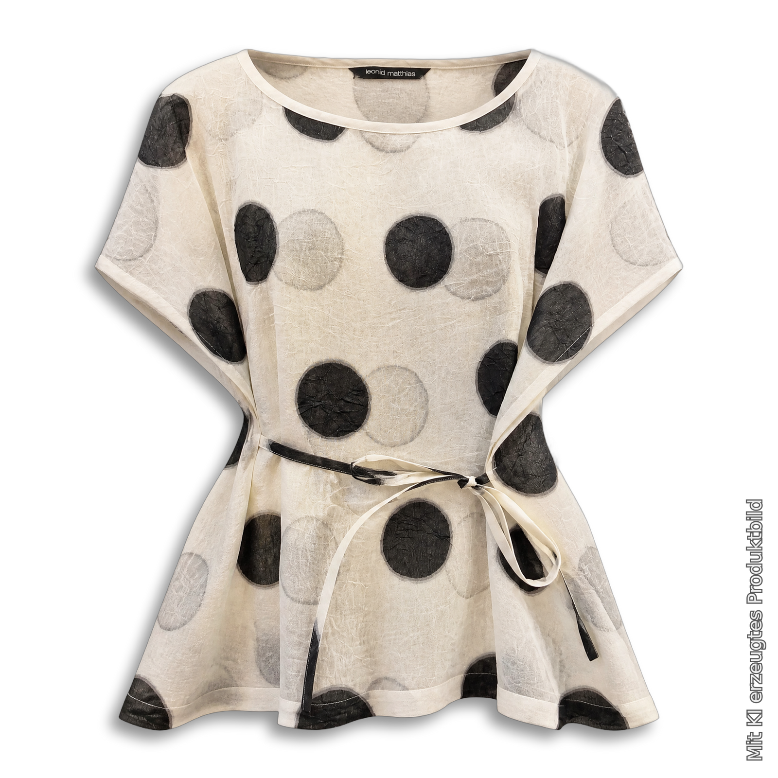 Takeshi Oberteil "Big Dot", Leicht Beige mit schwarzen Kreisen, Seidenmischung von leonid matthias