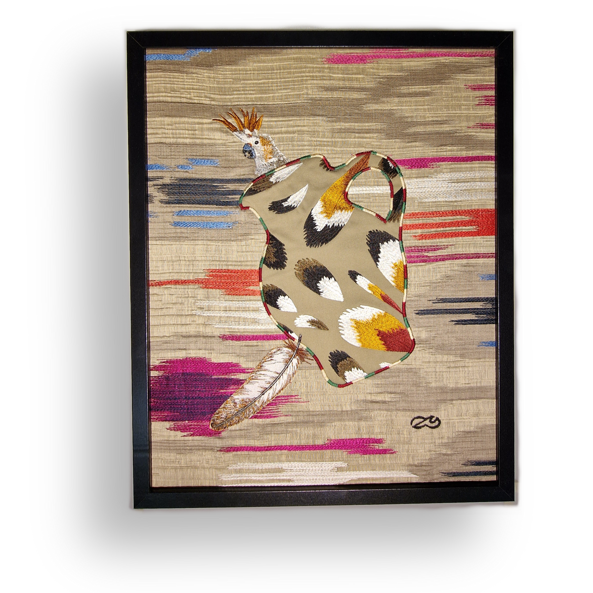 Gesticktes Bembelbild &quot;Papagei. Bitte klingeln!&quot; 40 x 50 cm Unikat