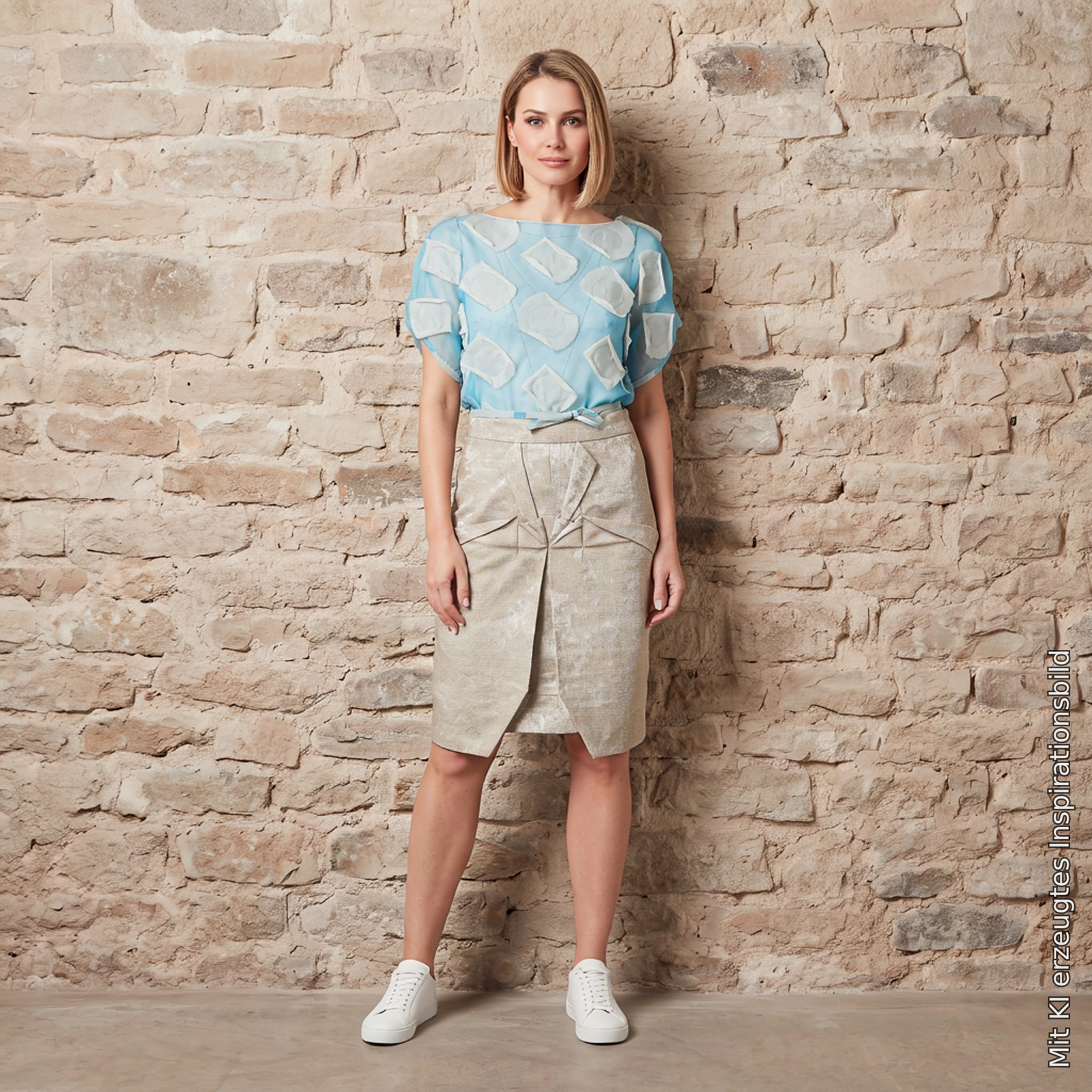 Bluse "Takeshi Clouds", Hell-blau, weiß, Seidenmischung, an einer Frau getragen, Nahaufnahme des Materials