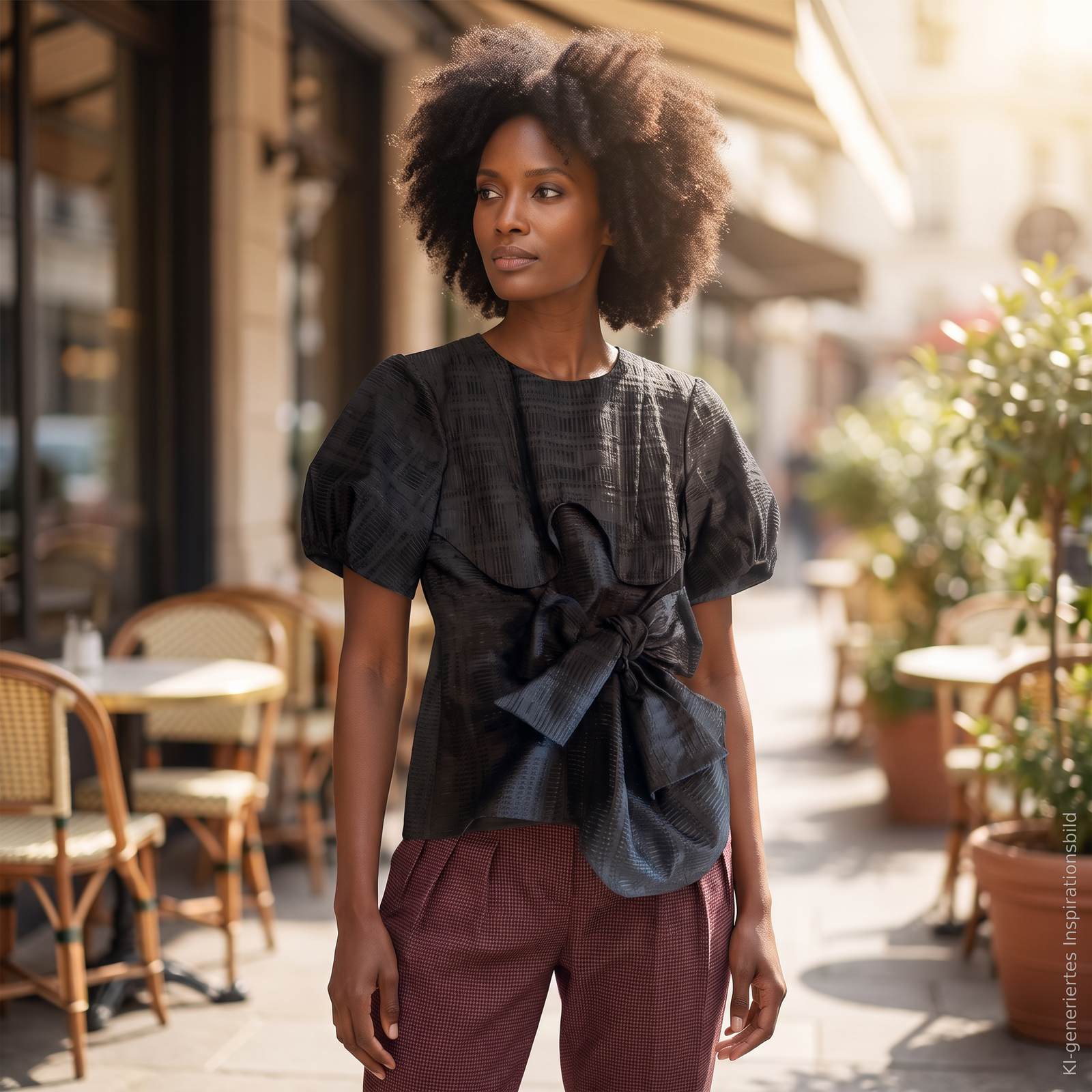 Asymmetrische Bluse mit Schleife, an einer Frau getragen, Dreiviertelansicht auf einer Café-Terrasse