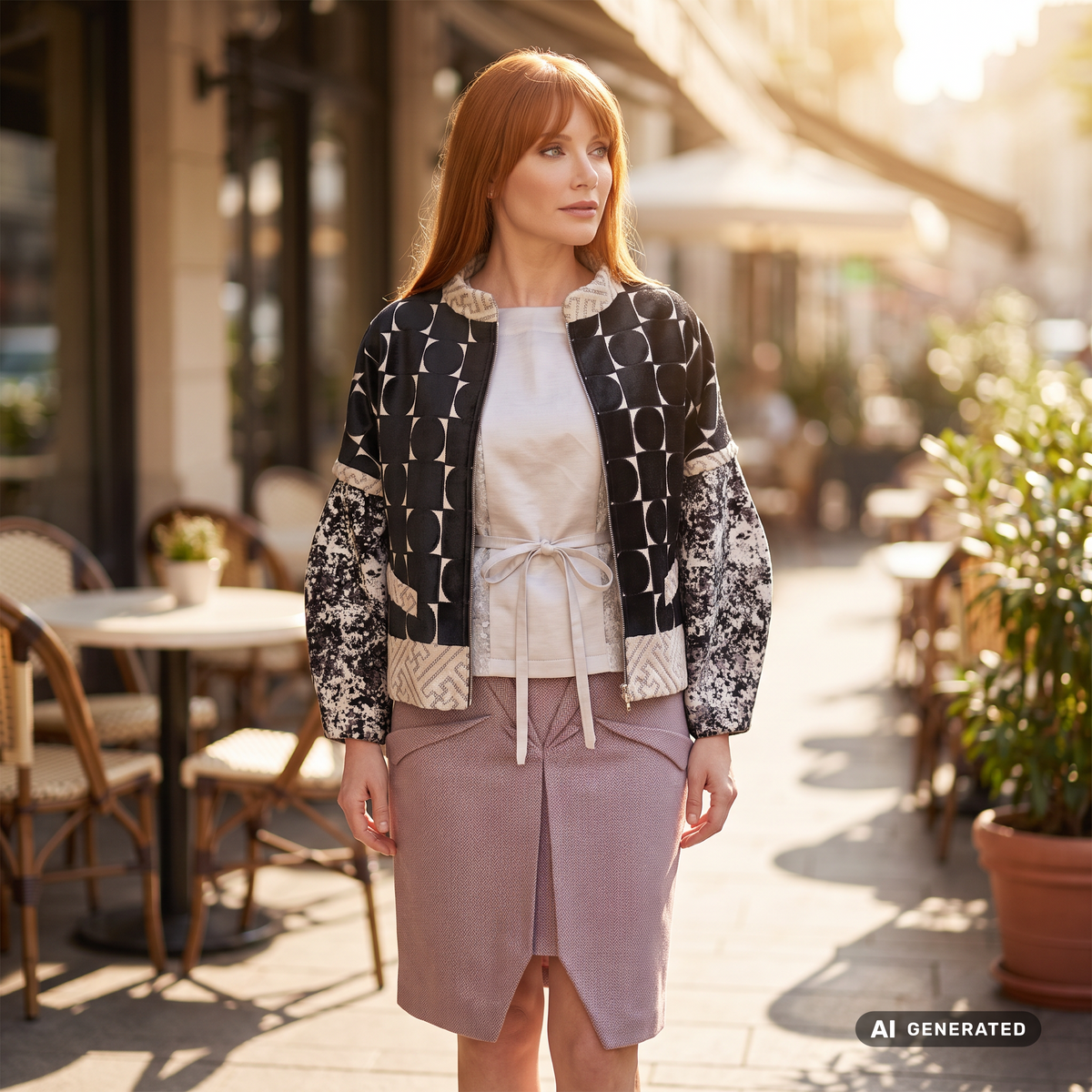 Jacke "Tereñes" Unikat, schwarz, beige, grau, off white, an einer Frau getragen, Dreiviertelansicht auf einer Café-Terrasse