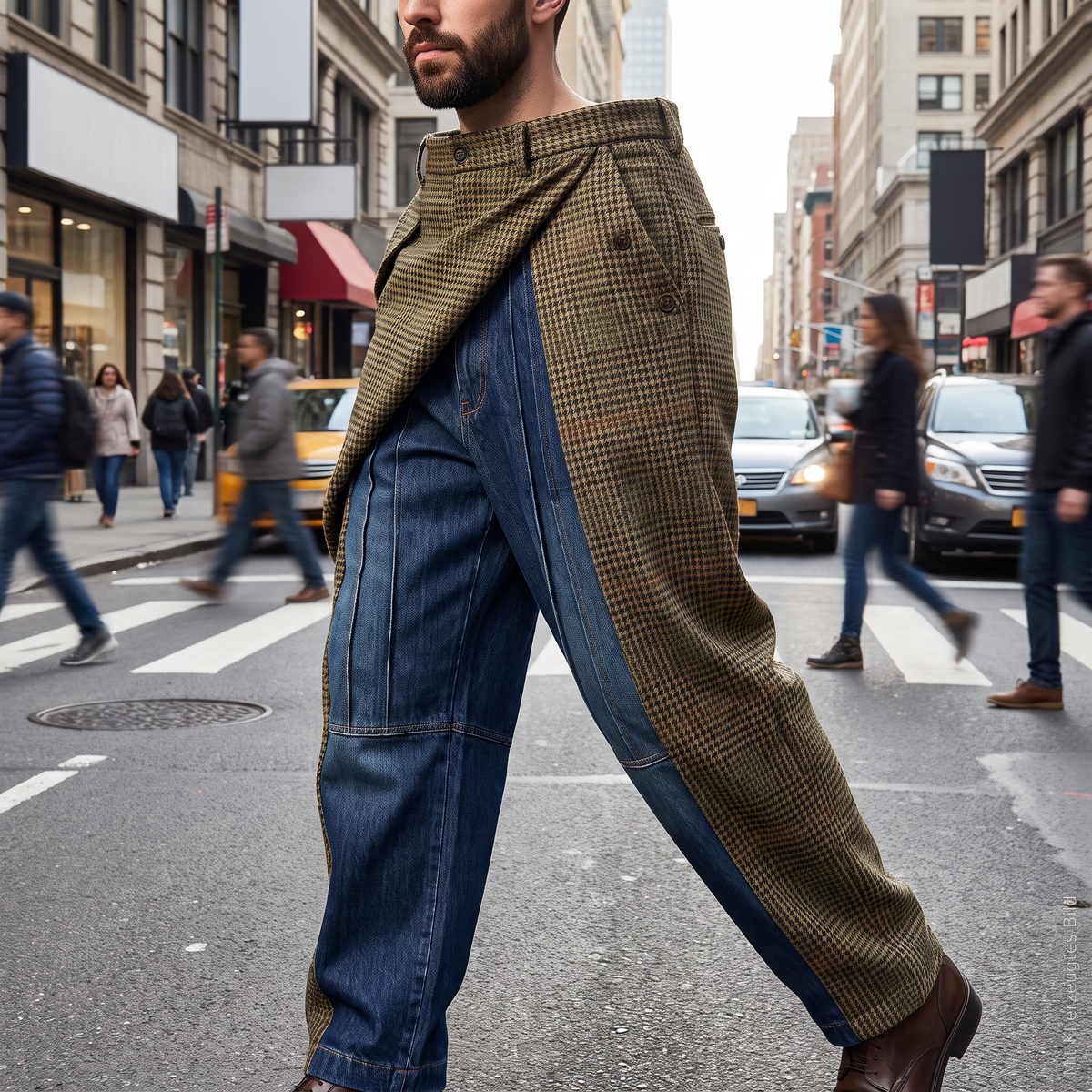 Bundfaltenhose aus Denim, an einem Mann getragen, gehend in der Stadt