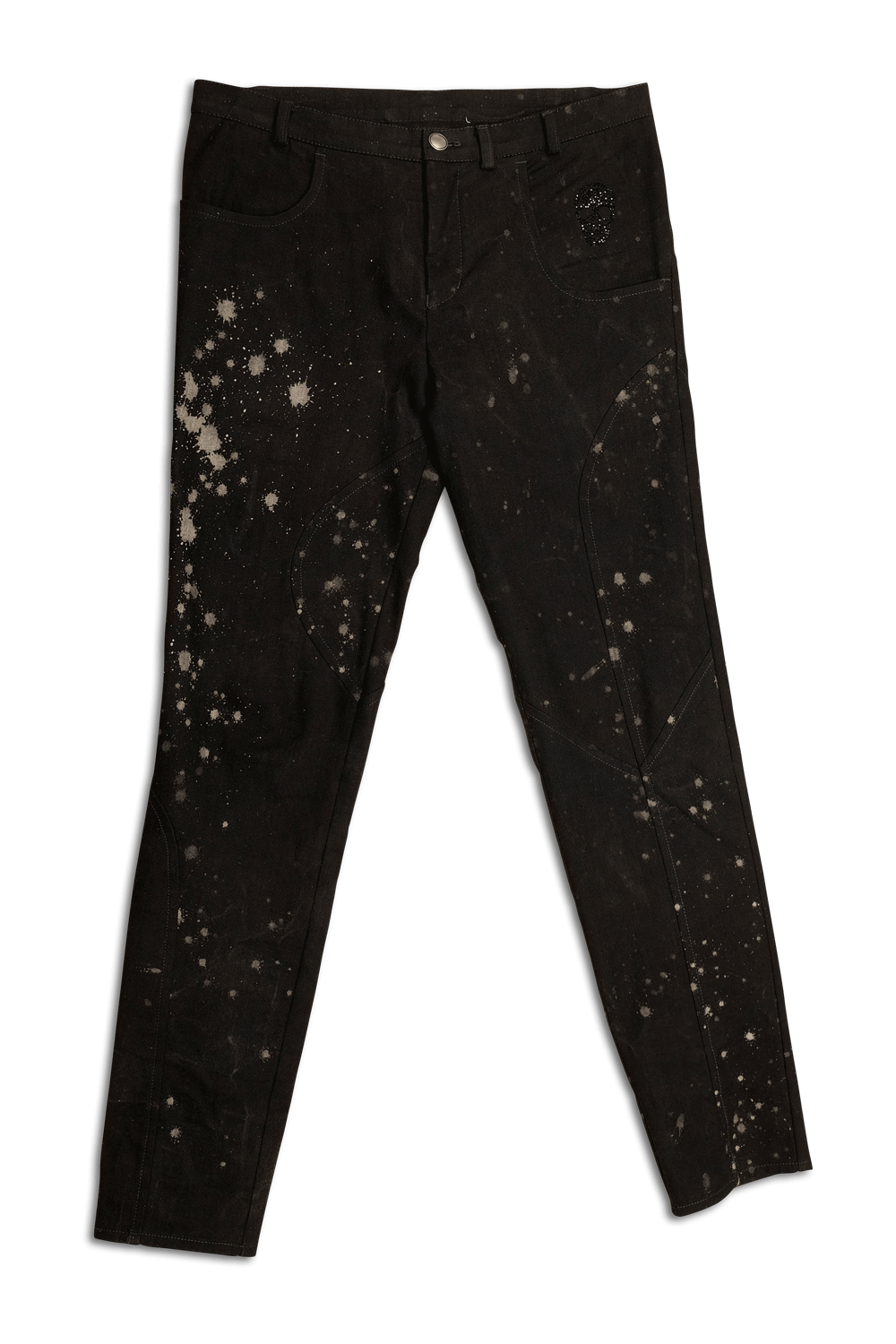 Schwarze Jeans mit schmaler Passform, innovativer Linienführung und hellen Sprenkeln.